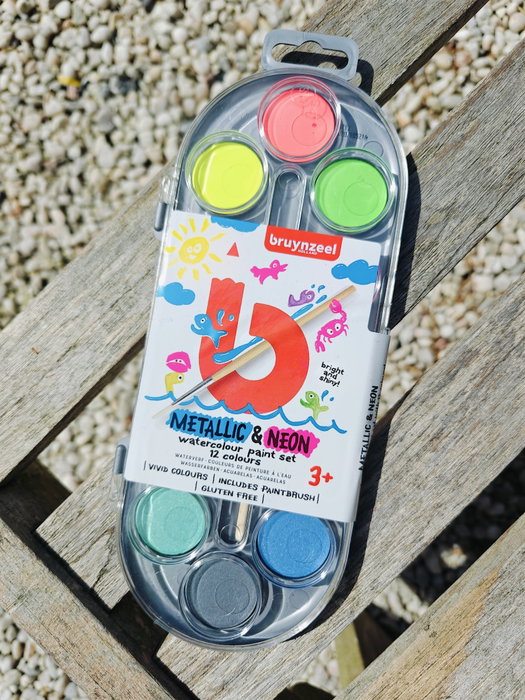 Acuarelas Bruynzeel Kids, estuche de 12 colores metálicos y neón con pincel
